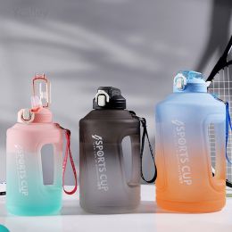 YCALLEY Sport Water Bottle Reminder Silicone Sith Straw Waterbottle Items Fitness Big Bottles 1500ML / 2300ML / 3800ML Sport (Color: Gray and black)