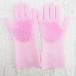 1 Pair Dishwashing Cleaning Gloves Magic Silicone Rubber Dish Washing Glove For Household Scrubber Kitchen Clean Tool Scrub (Color: Pink)