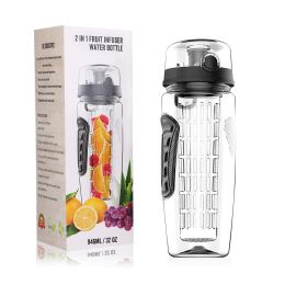 sFruit Infuser Water Bottle 32OZ Juice Shaker Sport w/ Flip Top Lid Anti-Slip Grips (Color: Black)