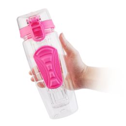 sFruit Infuser Water Bottle 32OZ Juice Shaker Sport w/ Flip Top Lid Anti-Slip Grips (Color: Pink)