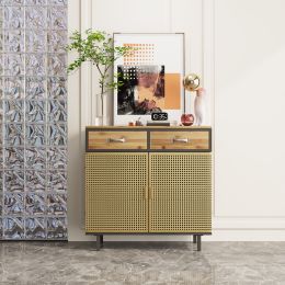 31.5'' Wide 2 Drawer Sideboard, Modern Furniture Decor, Made with Iron + Carbonized Bamboo, Easy Assembly (Color: Gold)