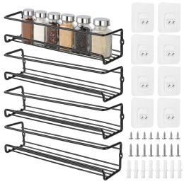 4Pcs Wall Mount Spice Racks Seasoning Herb Jar Holder Organizer Kitchen Pantry Door Storage Shelf (Color: Black)